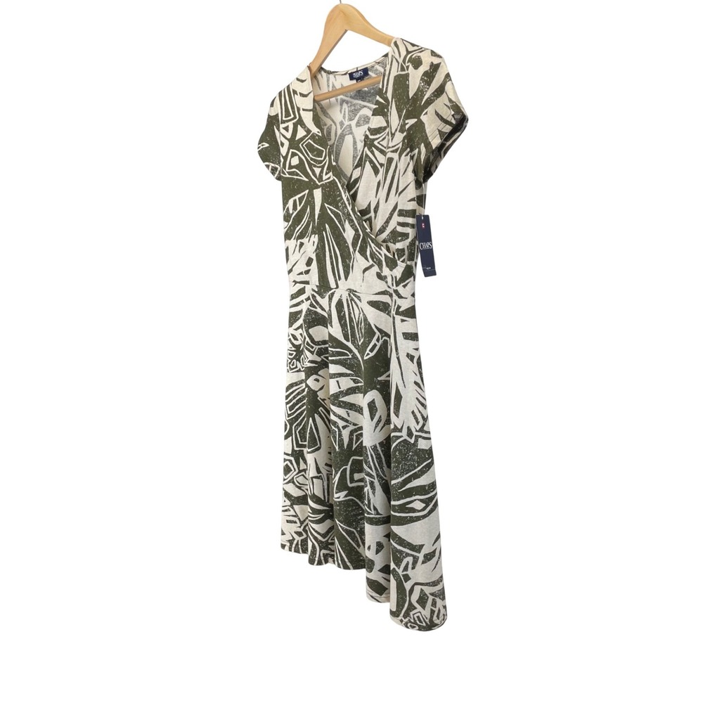 Chaps Womens Olive Green White Tropical Palm Leaf Faux Wrap A-Line Dress Size M - Picture 5 of 16